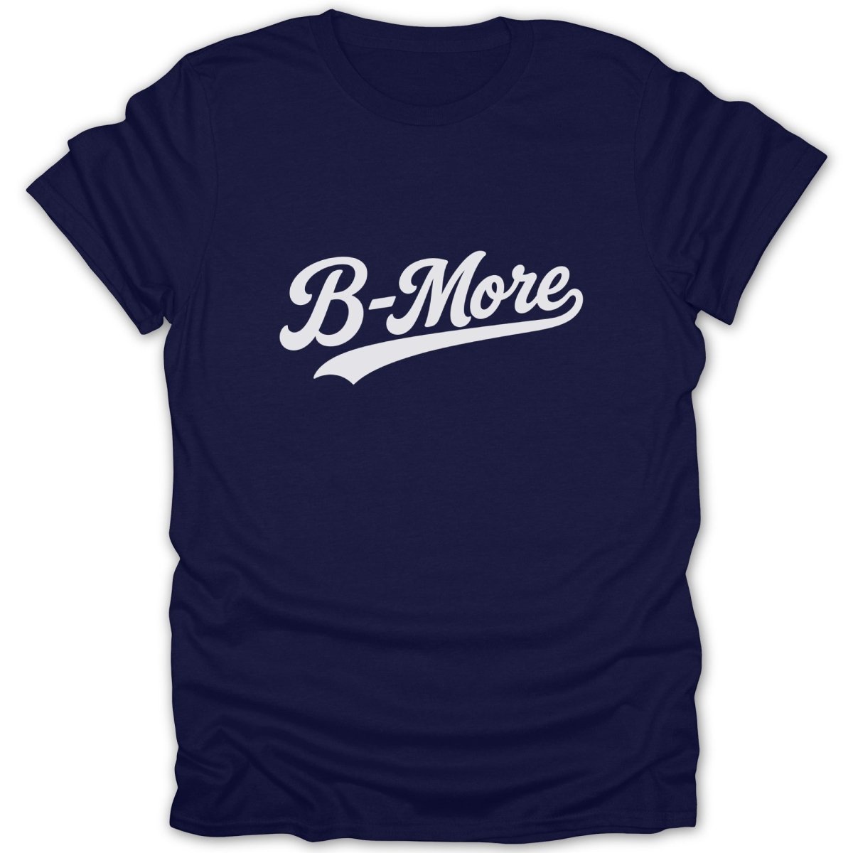 Navy t-shirt with white "B-More" script text