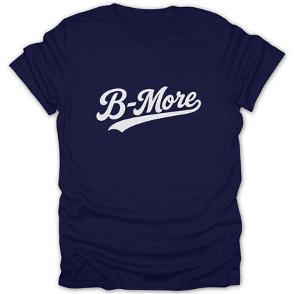 Navy t-shirt with white "B-More" script text