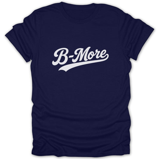 Navy t-shirt with white "B-More" script text