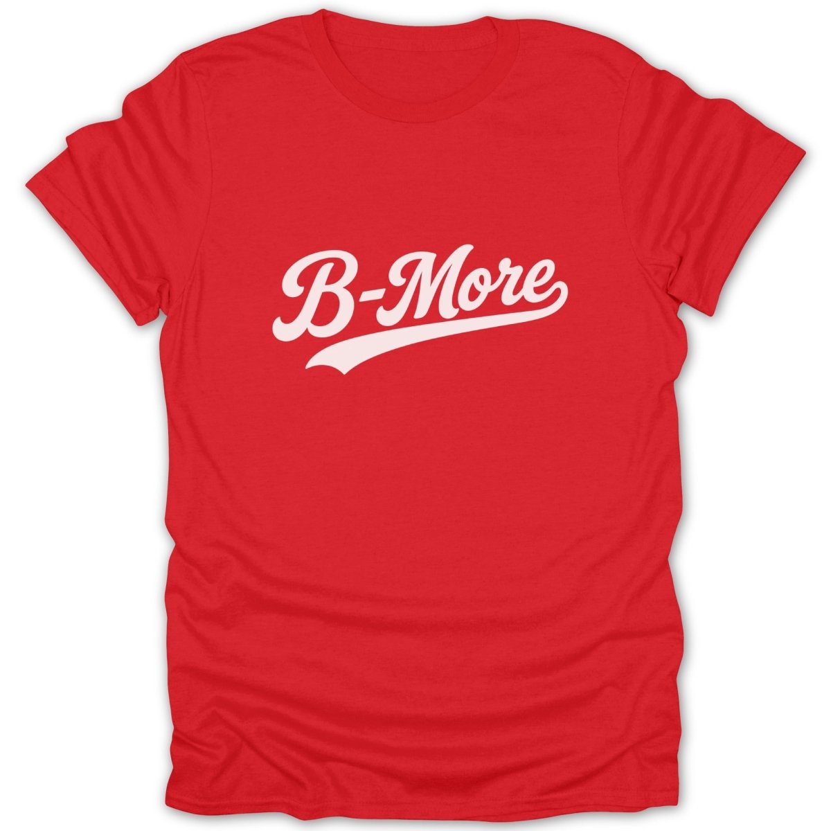 Red t-shirt with white "B-More" text in a script font.