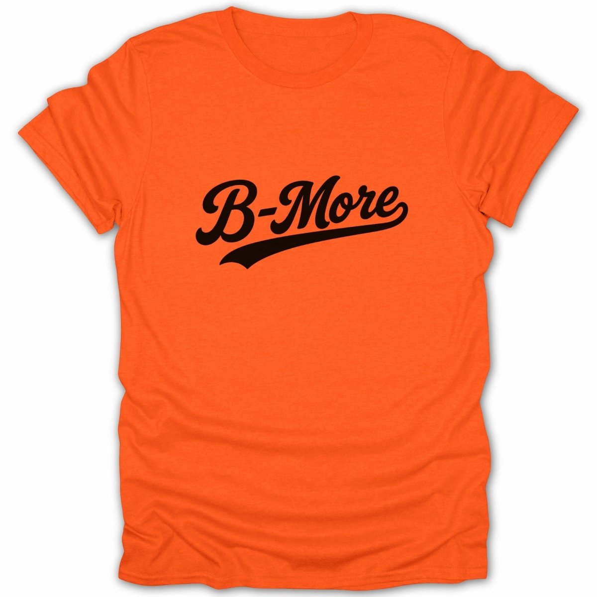 Orange t-shirt with black "B-More" script text.