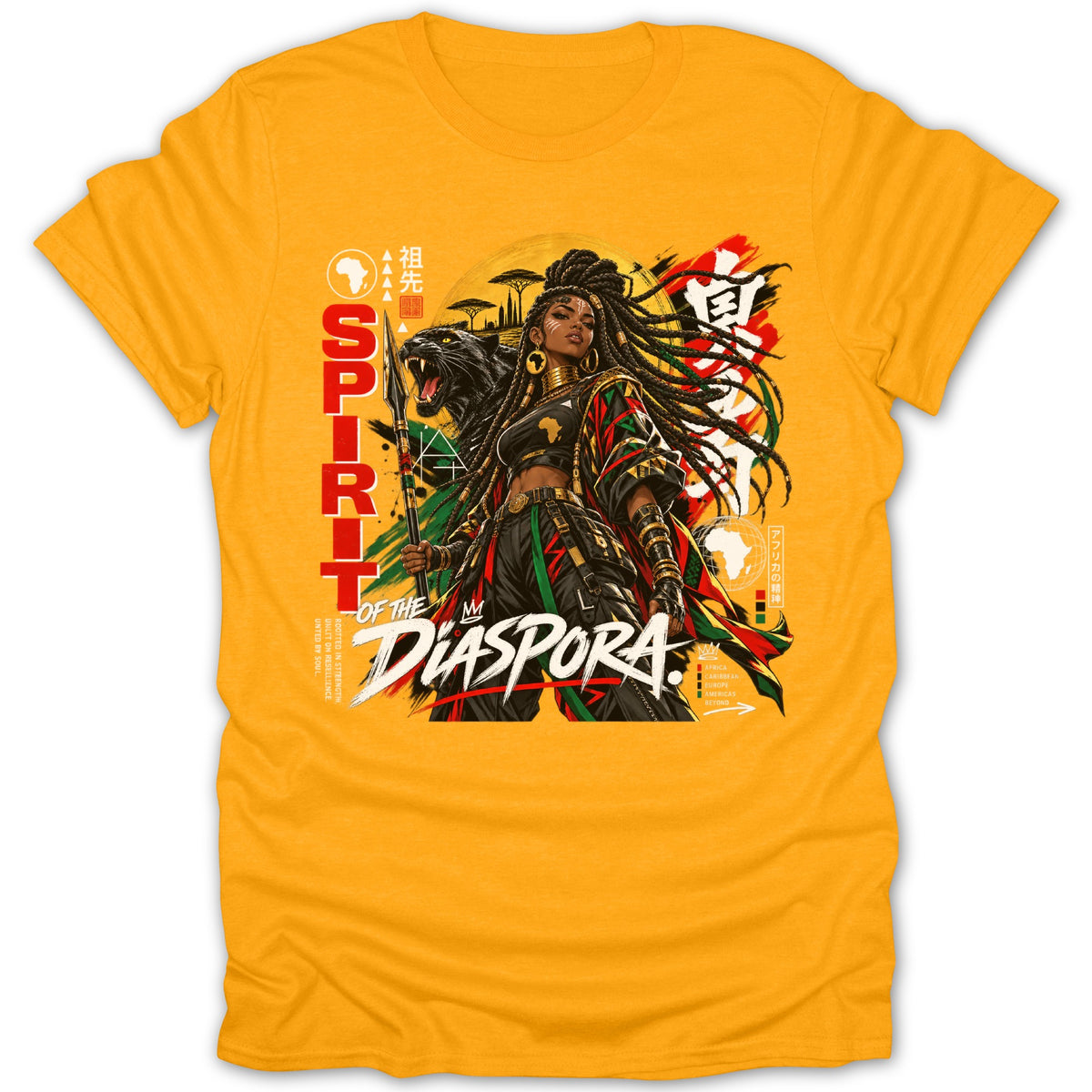 Spirit of the Diaspora: Warrior woman with spear and panther, African motifs.