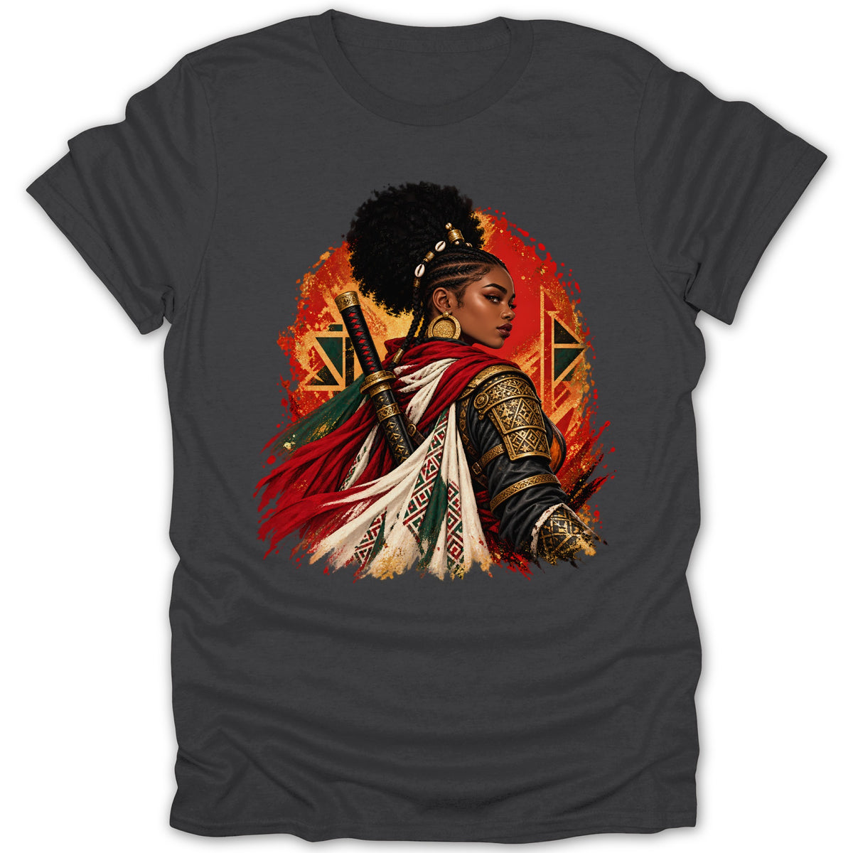 Dark grey t-shirt with a warrior woman graphic featuring a katana and red, white, and green accents.