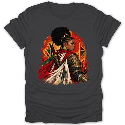 Dark grey t-shirt with a warrior woman graphic featuring a katana and red, white, and green accents.