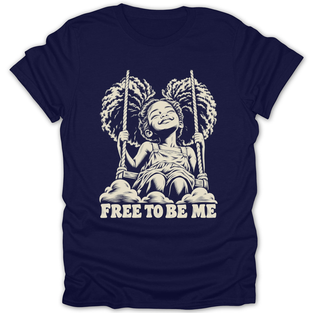 Illustration of a joyful girl on a swing with text "FREE TO BE ME".