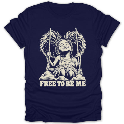 Illustration of a joyful girl on a swing with text "FREE TO BE ME".