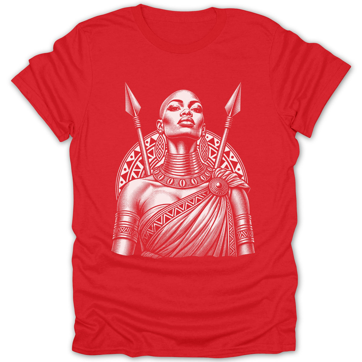 Red t-shirt with white illustration of a bald warrior woman with spears.