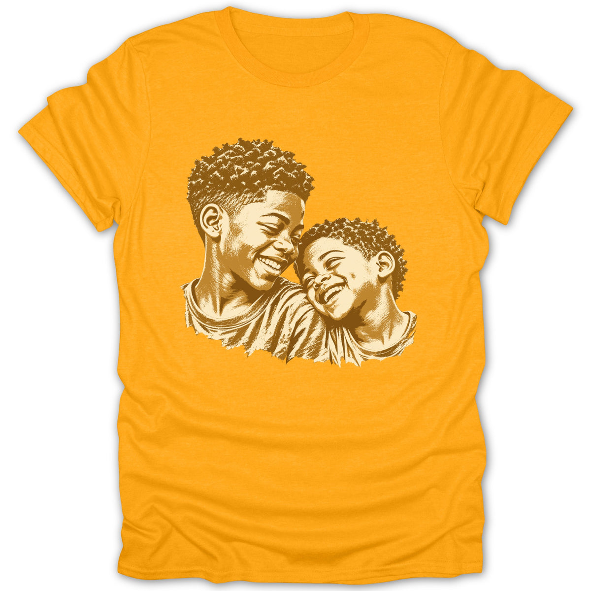 T-shirt with a sepia-toned illustration of two happy Black boys laughing together.