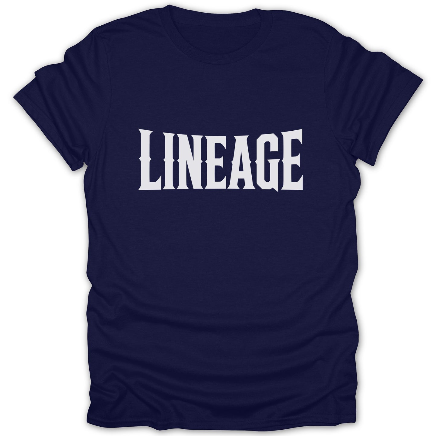 Navy t-shirt with white "LINEAGE" text in a decorative font.