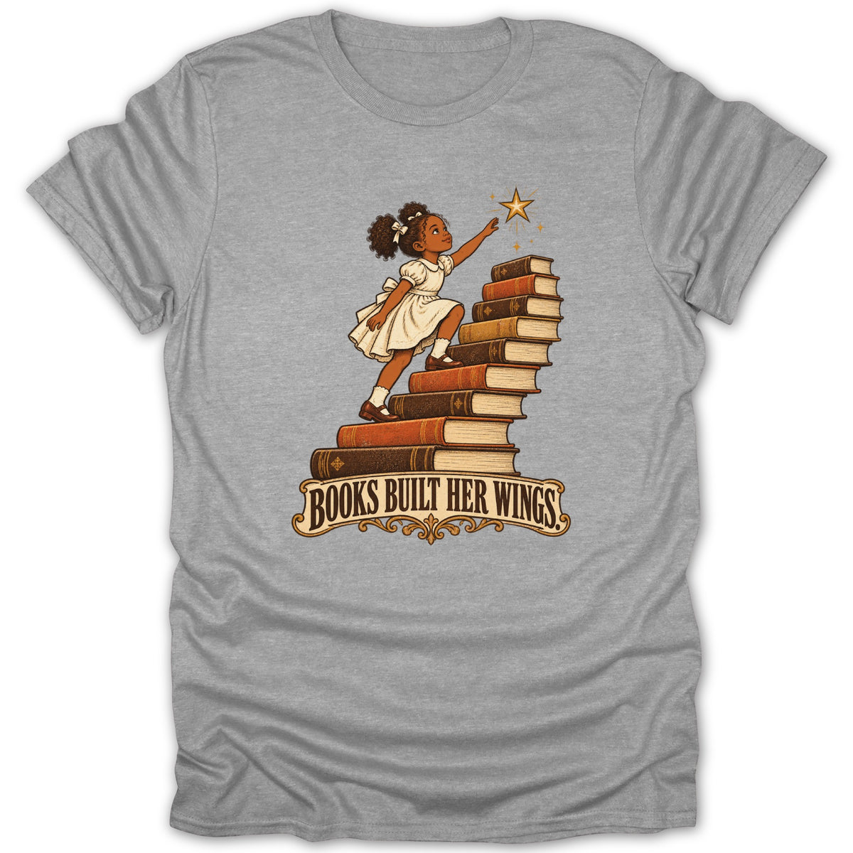 Girl reaching for star on stack of books with text "Books Built Her Wings".