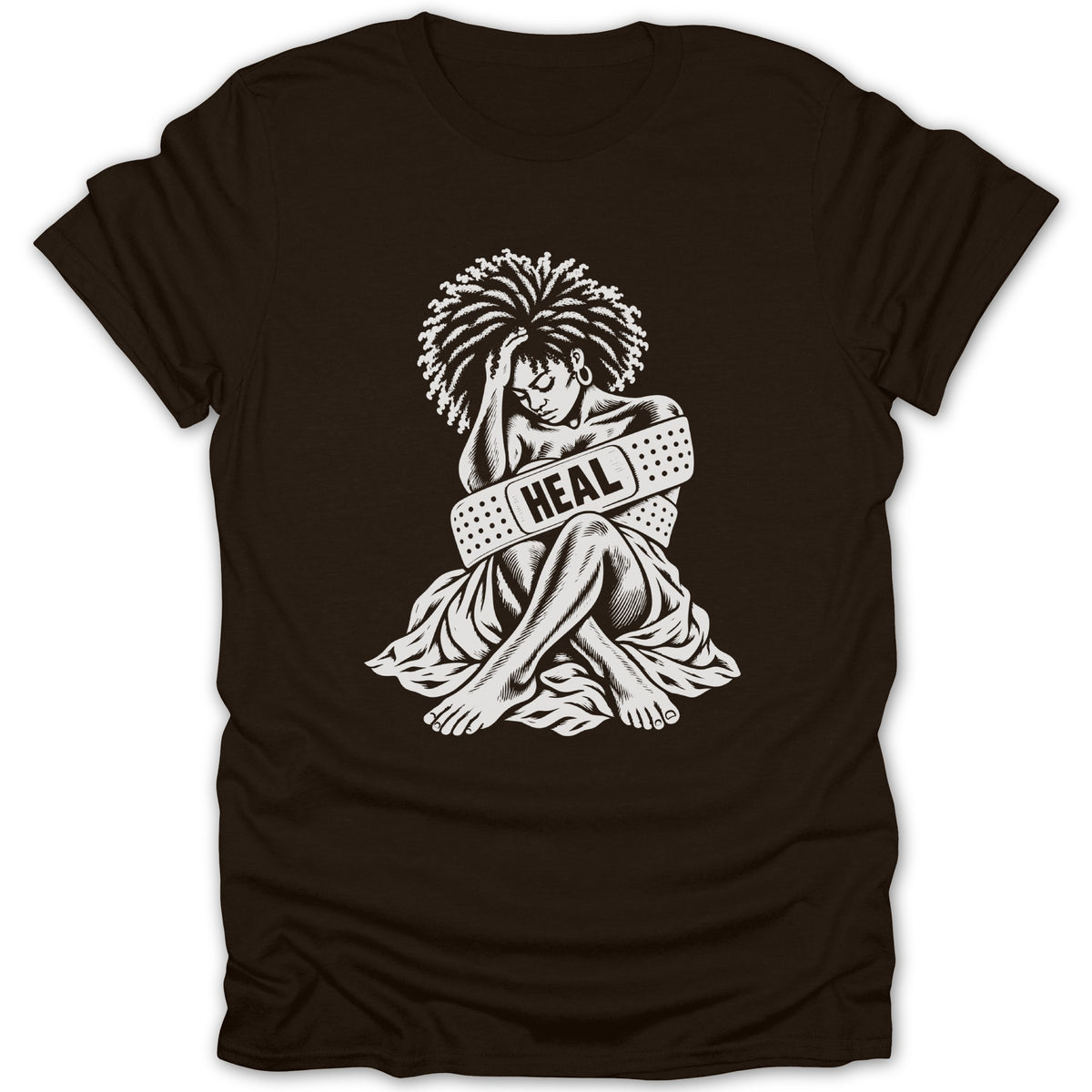 Black t-shirt with white graphic of person wrapped in bandages labeled "HEAL".