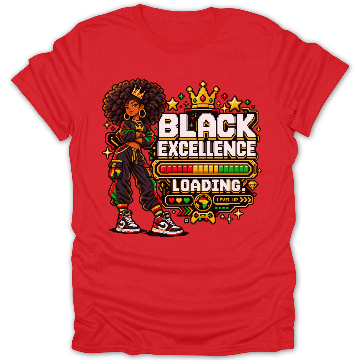 Pixel art of a Black queen with crown and text "BLACK EXCELLENCE LOADING".