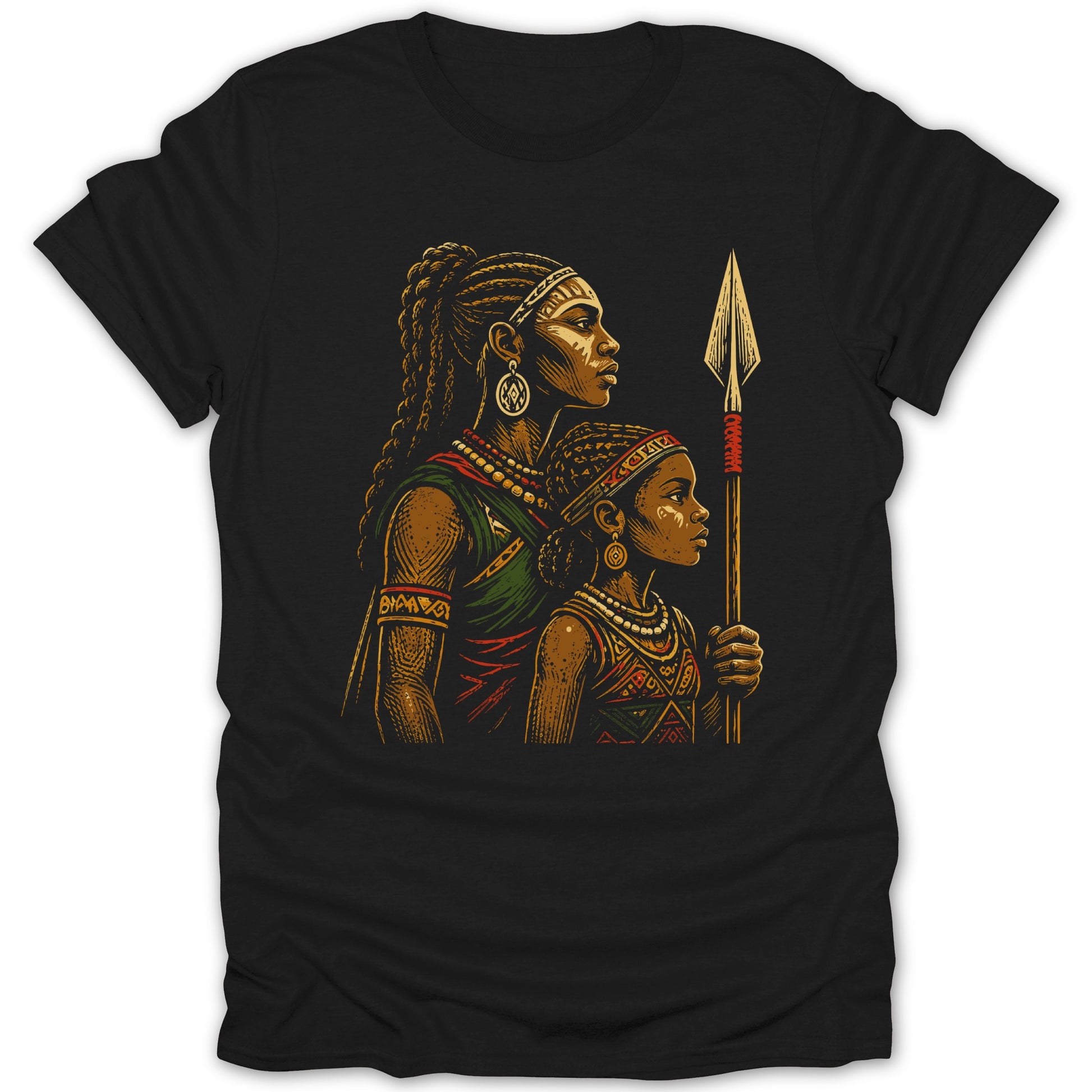 Two women, one adult and one child, in traditional African attire holding a spear.