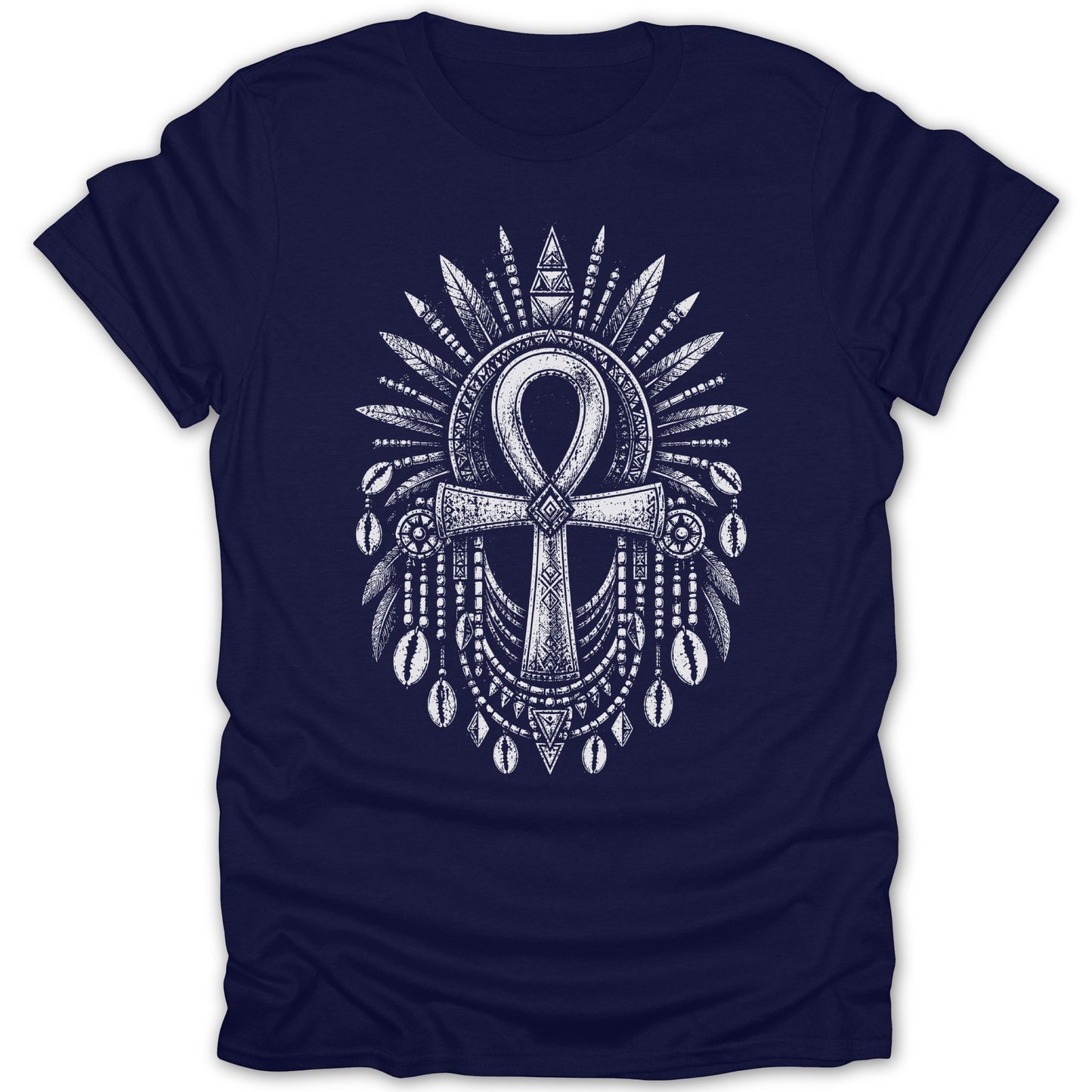 Navy t-shirt with white ankh symbol surrounded by feathers and shells.