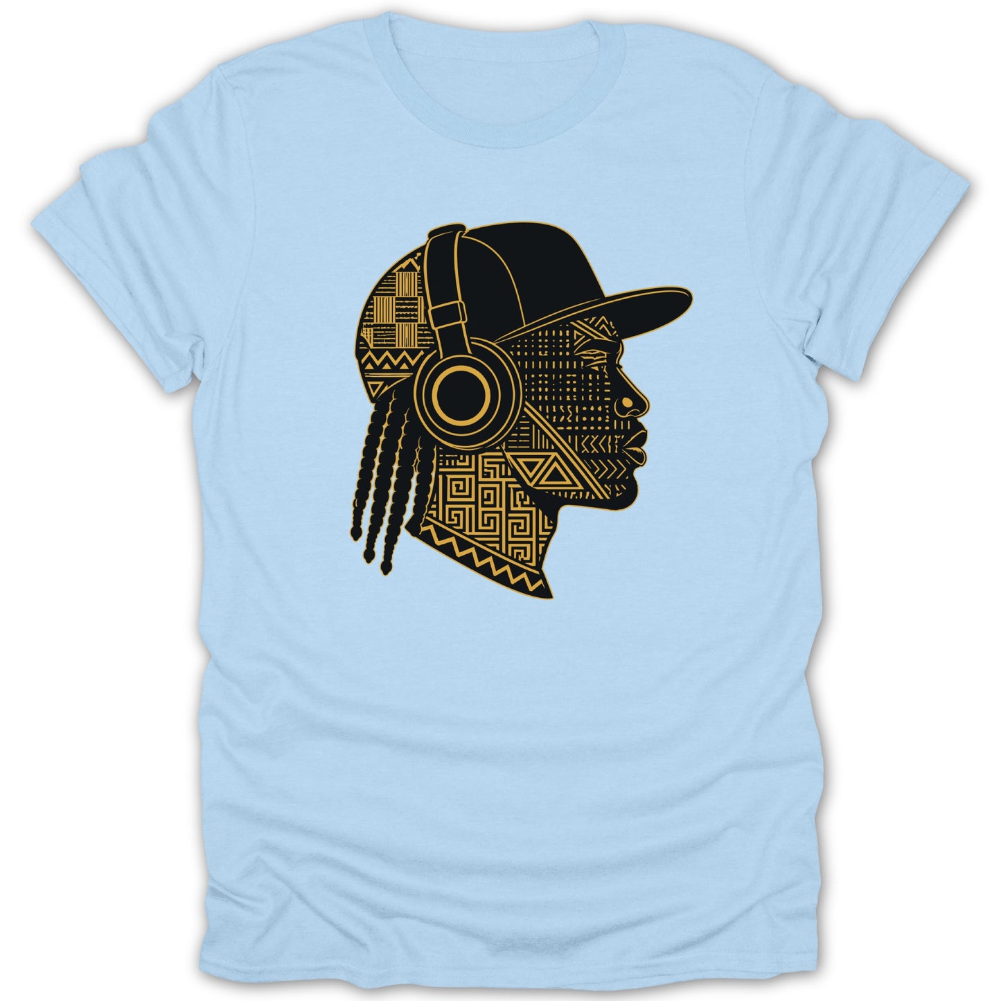 Light blue t-shirt with a black and gold abstract profile of a person wearing headphones and a cap.