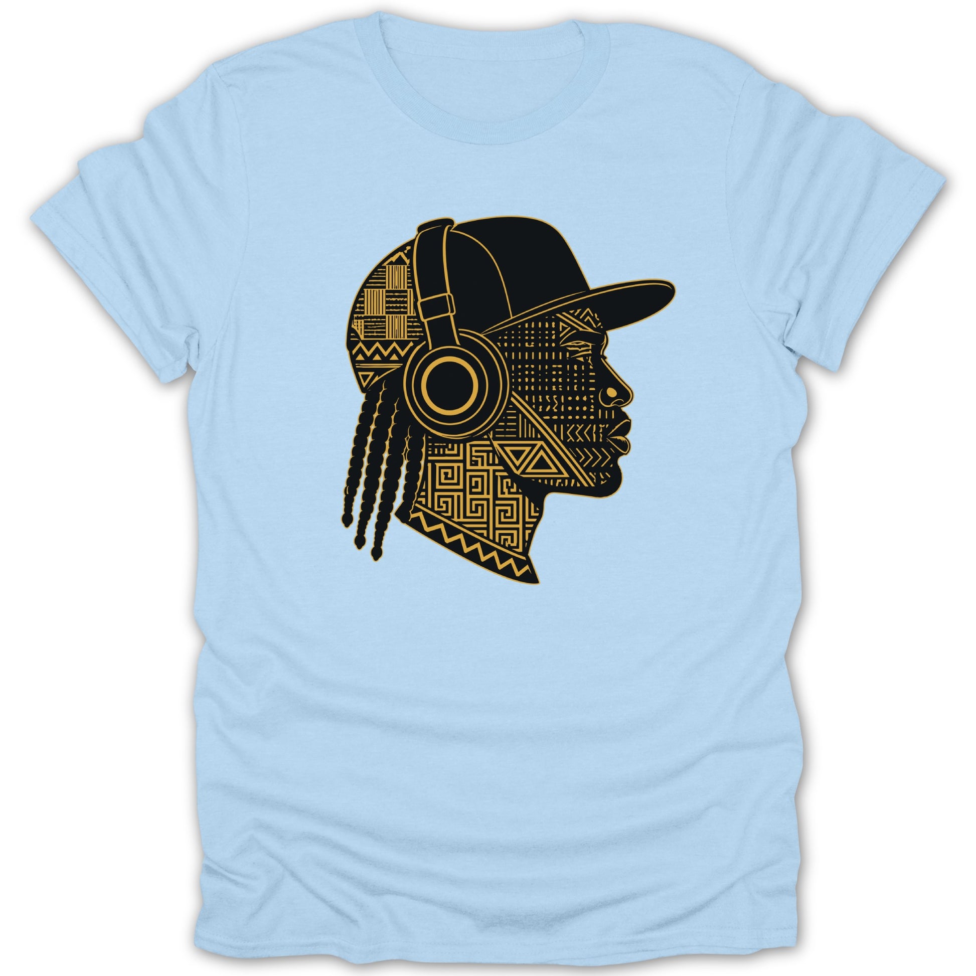 Light blue t-shirt with a black and gold abstract profile of a person wearing headphones and a cap.