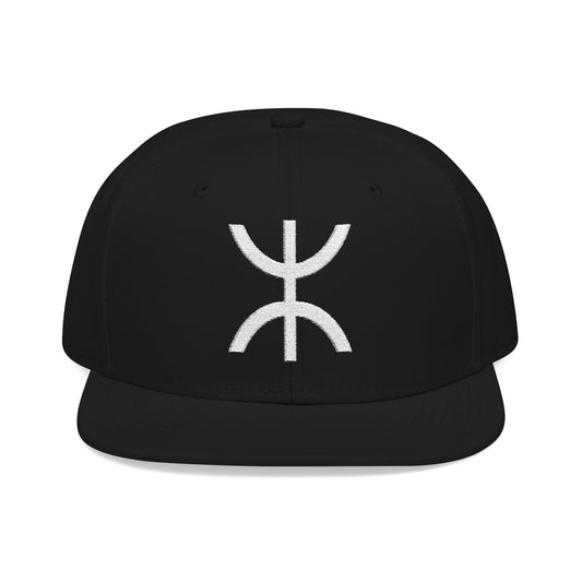 Black snapback hat with white stylized symbol on front.