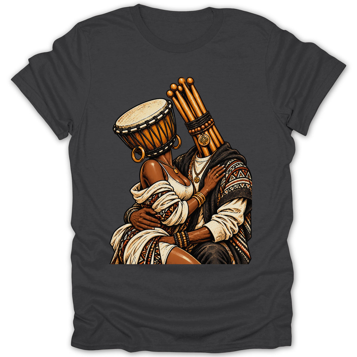 Couple embracing with drum and drumsticks as heads, wearing patterned clothing.