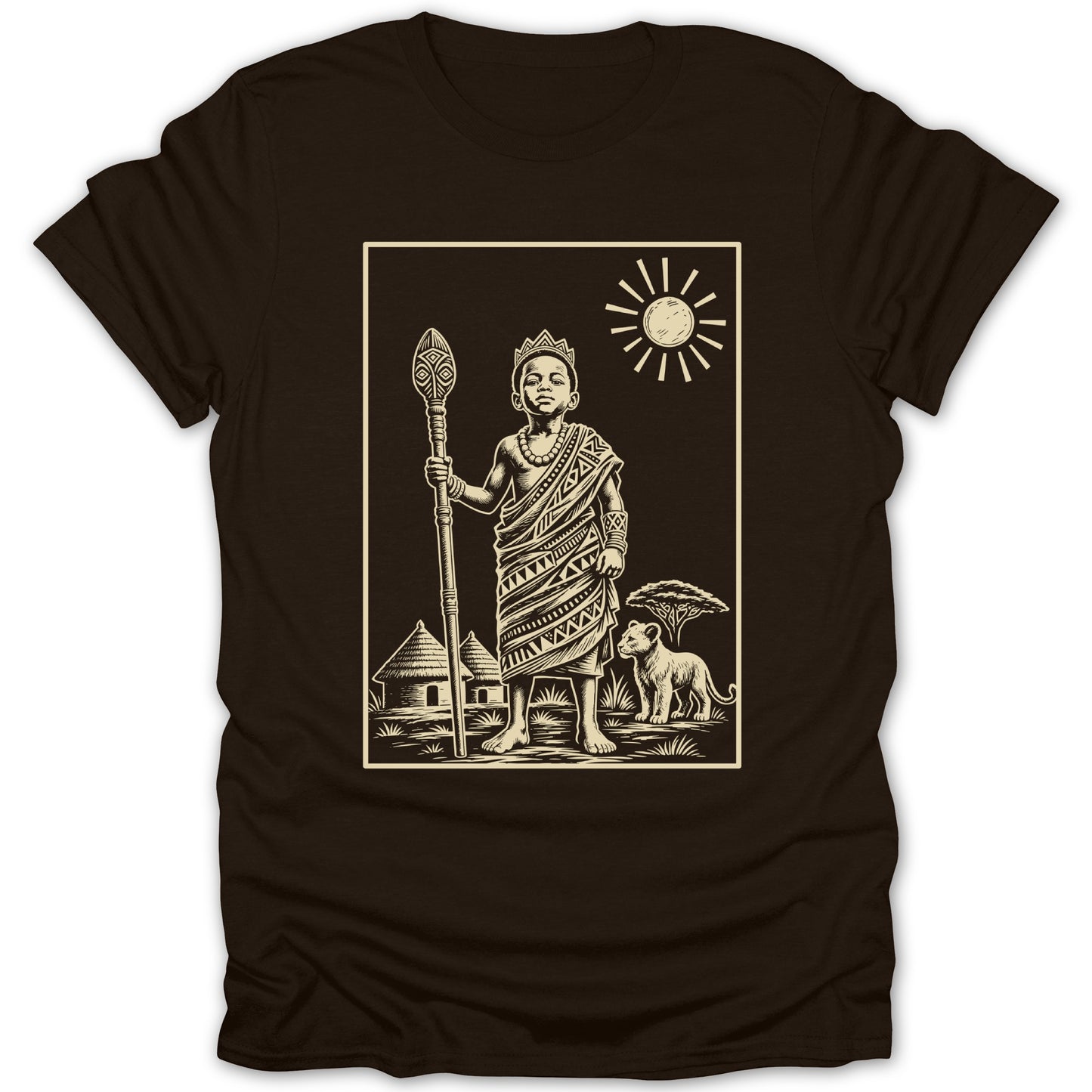 T-shirt graphic: child king with staff, hut, lion, tree, and sun.