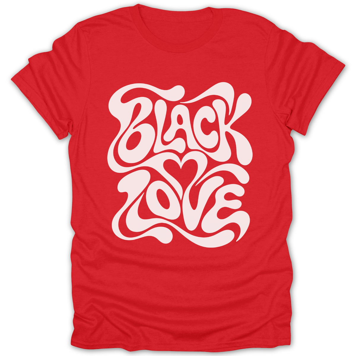 Red t-shirt with white "BLACK LOVE" text in a groovy font.