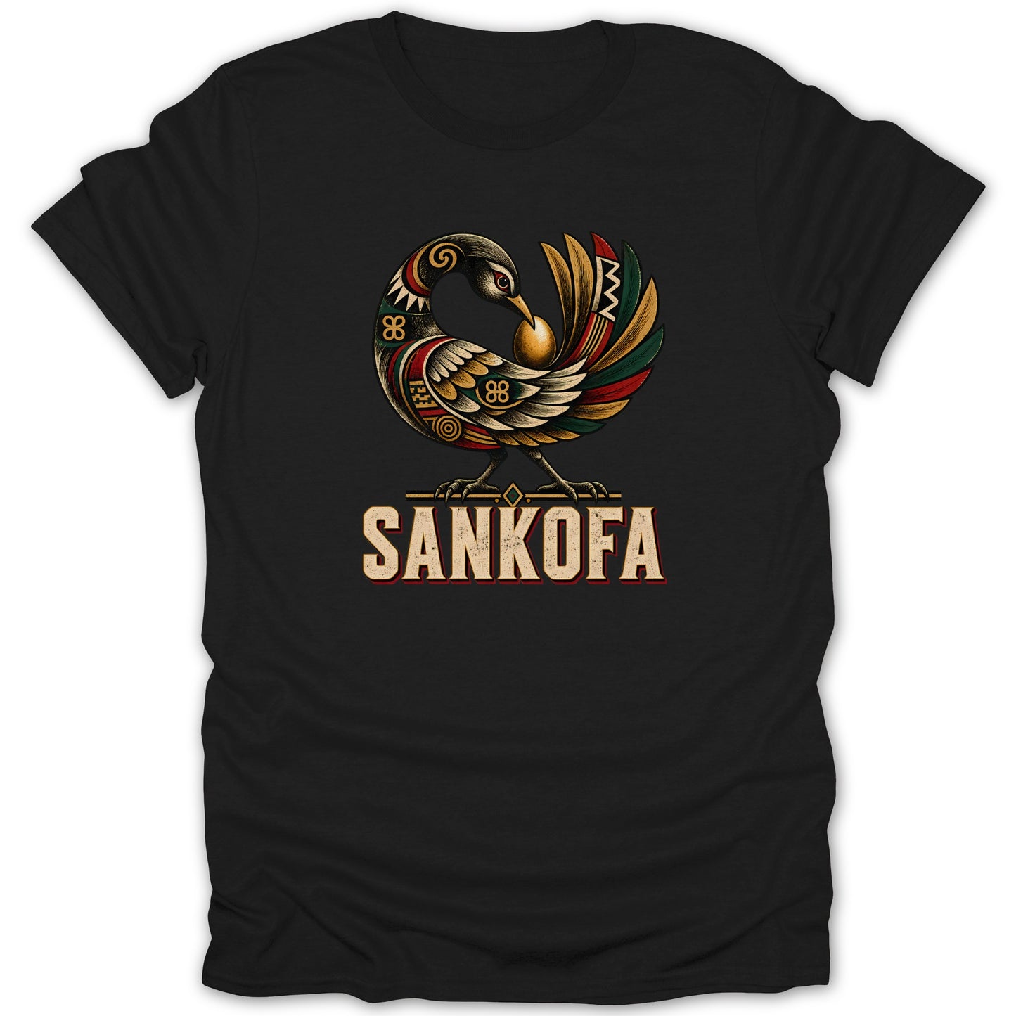 Black t-shirt with Sankofa bird and text graphic.