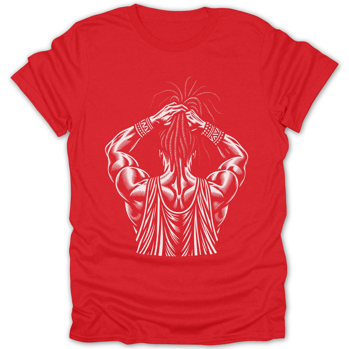 Red t-shirt with white graphic of muscular person tying dreadlocks.