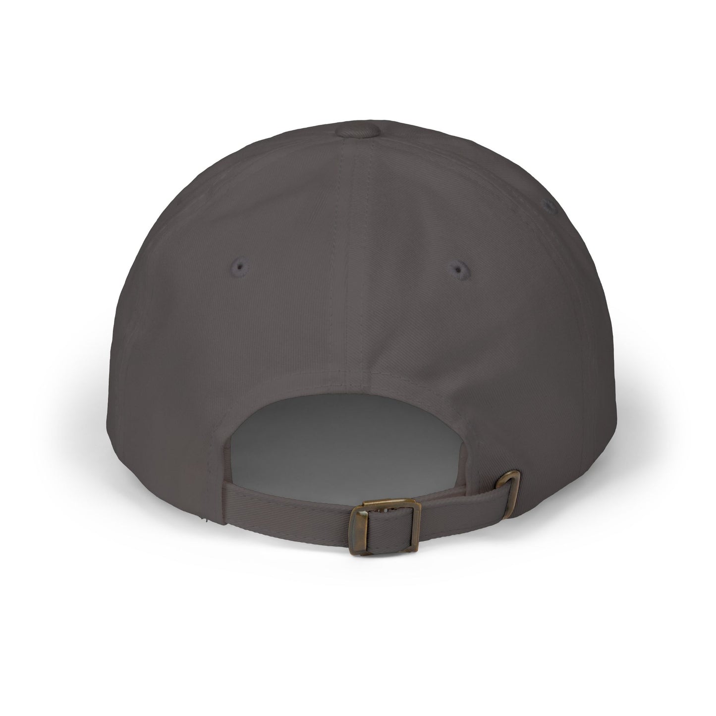 Gray baseball cap with adjustable strap and buckle, shown from the back.
