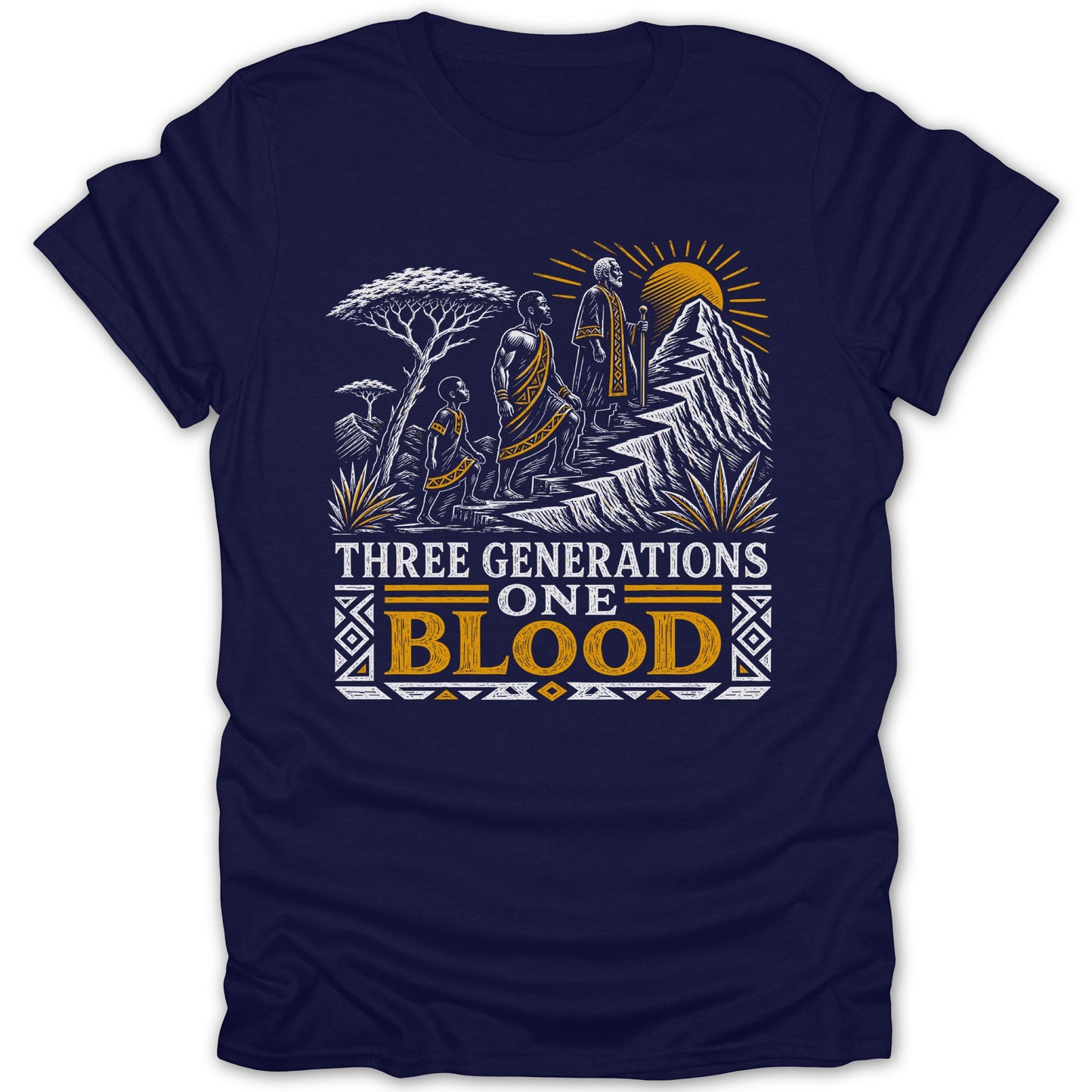 Three generations, one blood text with people walking up a mountain.