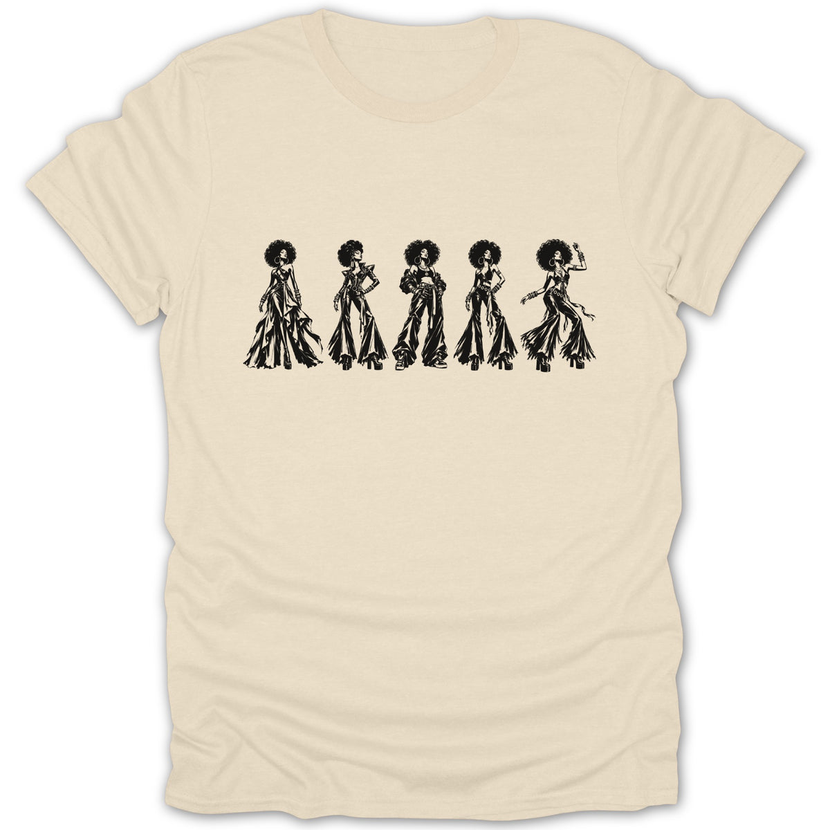 Five women with afros in disco-inspired outfits are printed on a cream t-shirt.