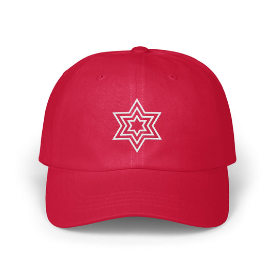 Red baseball cap with white Star of David embroidery.