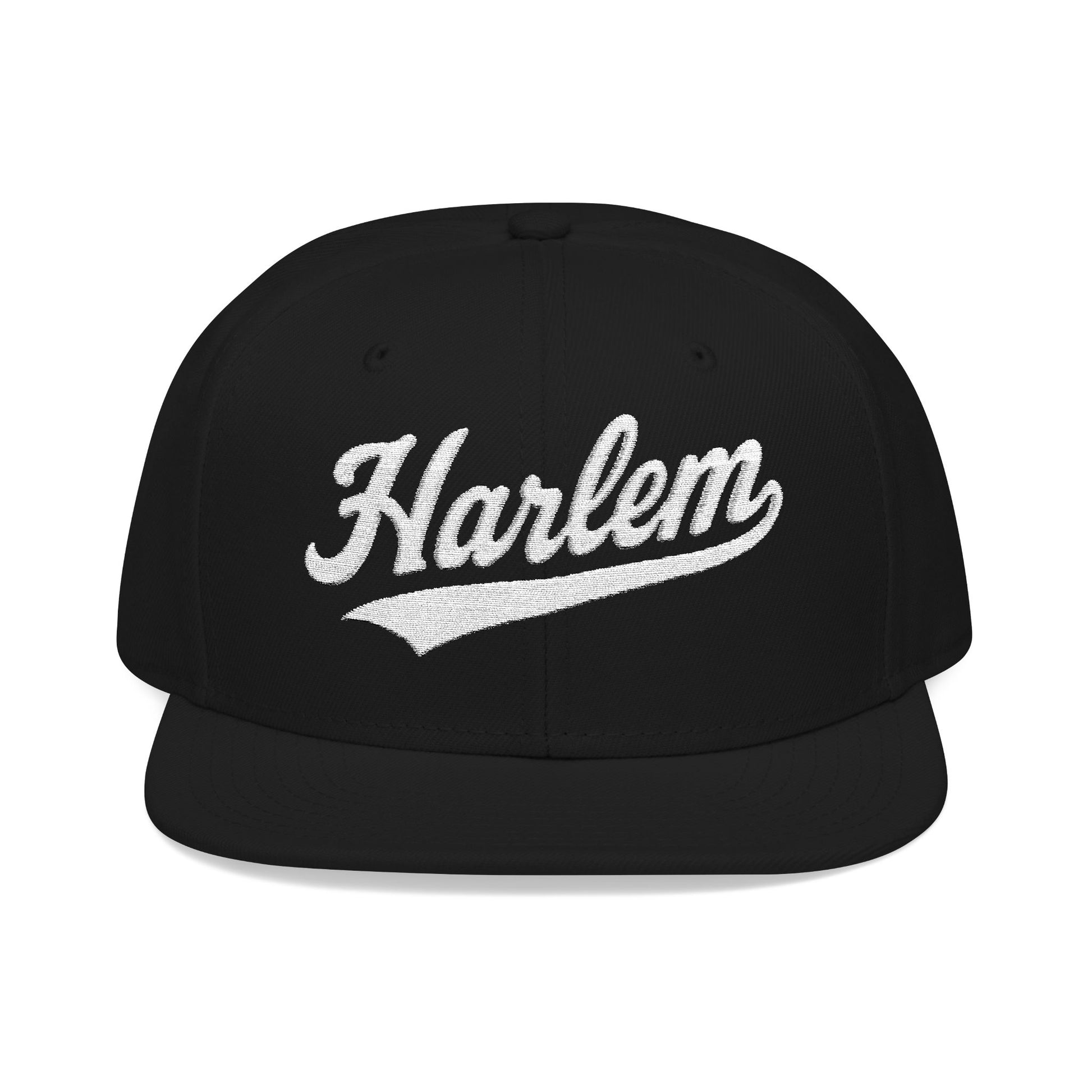 Black snapback baseball cap with "Harlem" embroidered in white script.