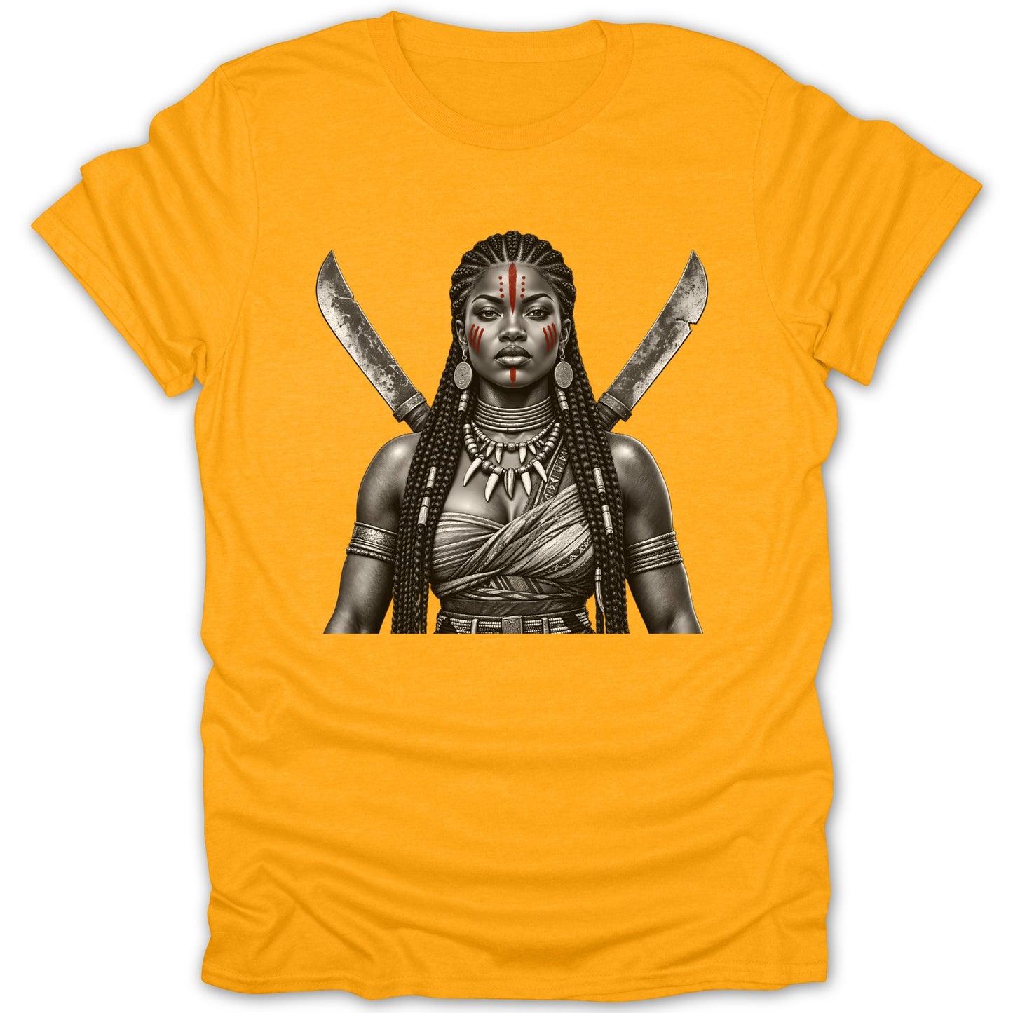 Yellow t-shirt with a black and white illustration of a woman with braided hair and face paint holding swords.