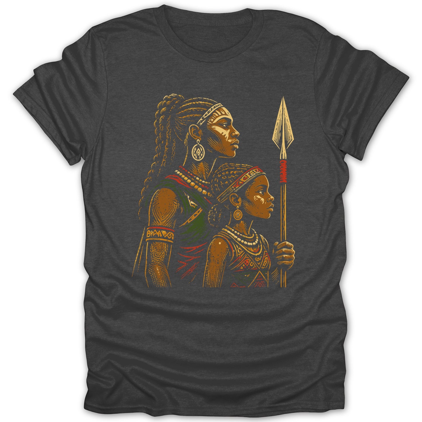 Illustration of two women with spears, one adult and one child, in profile.