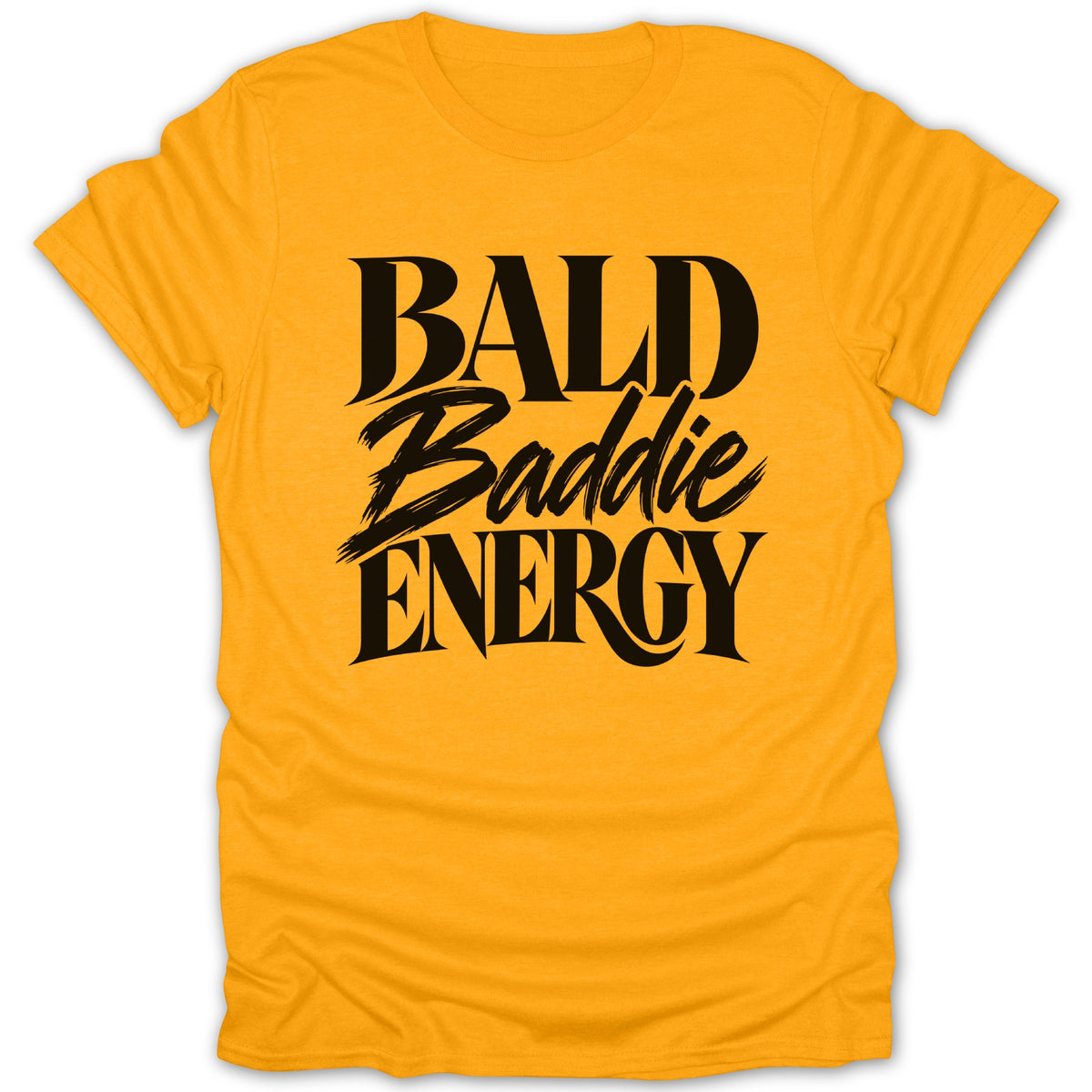 Yellow t-shirt with black text reading "BALD Baddie ENERGY".