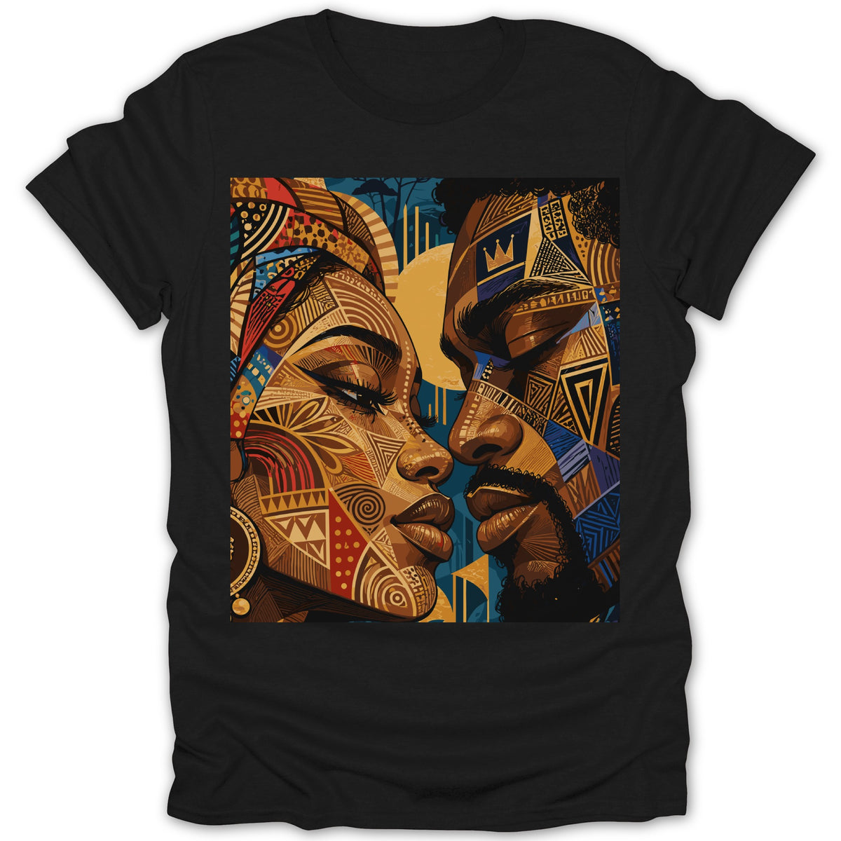 Abstract portrait of a Black couple on a black t-shirt.