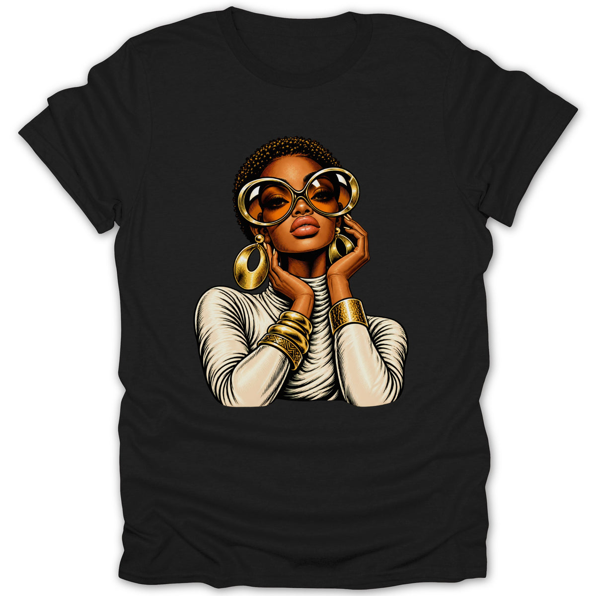 Illustration of a Black woman wearing large gold sunglasses and jewelry on a black t-shirt.