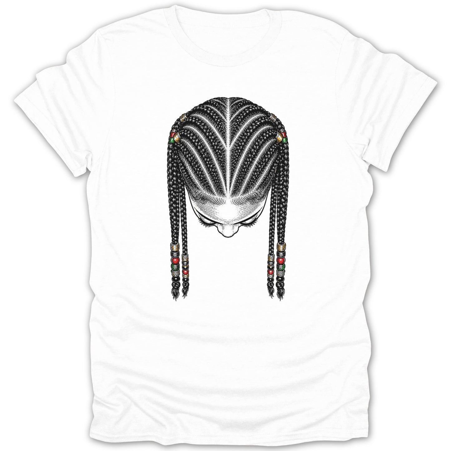 Illustration of a woman's head with braided hair adorned with colorful beads.