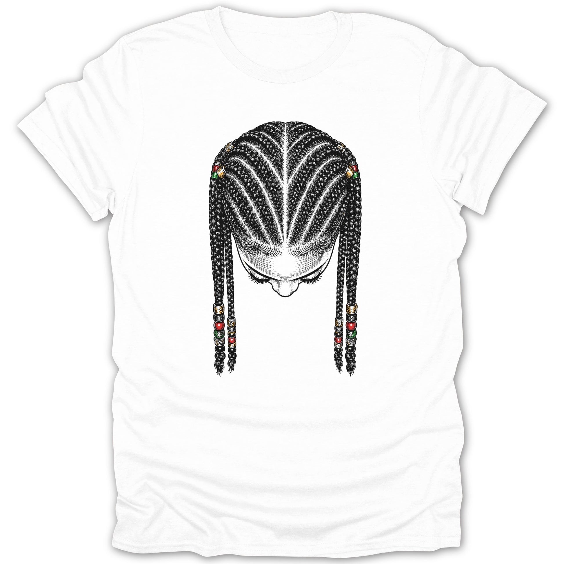 Illustration of a woman's head with braided hair adorned with colorful beads.