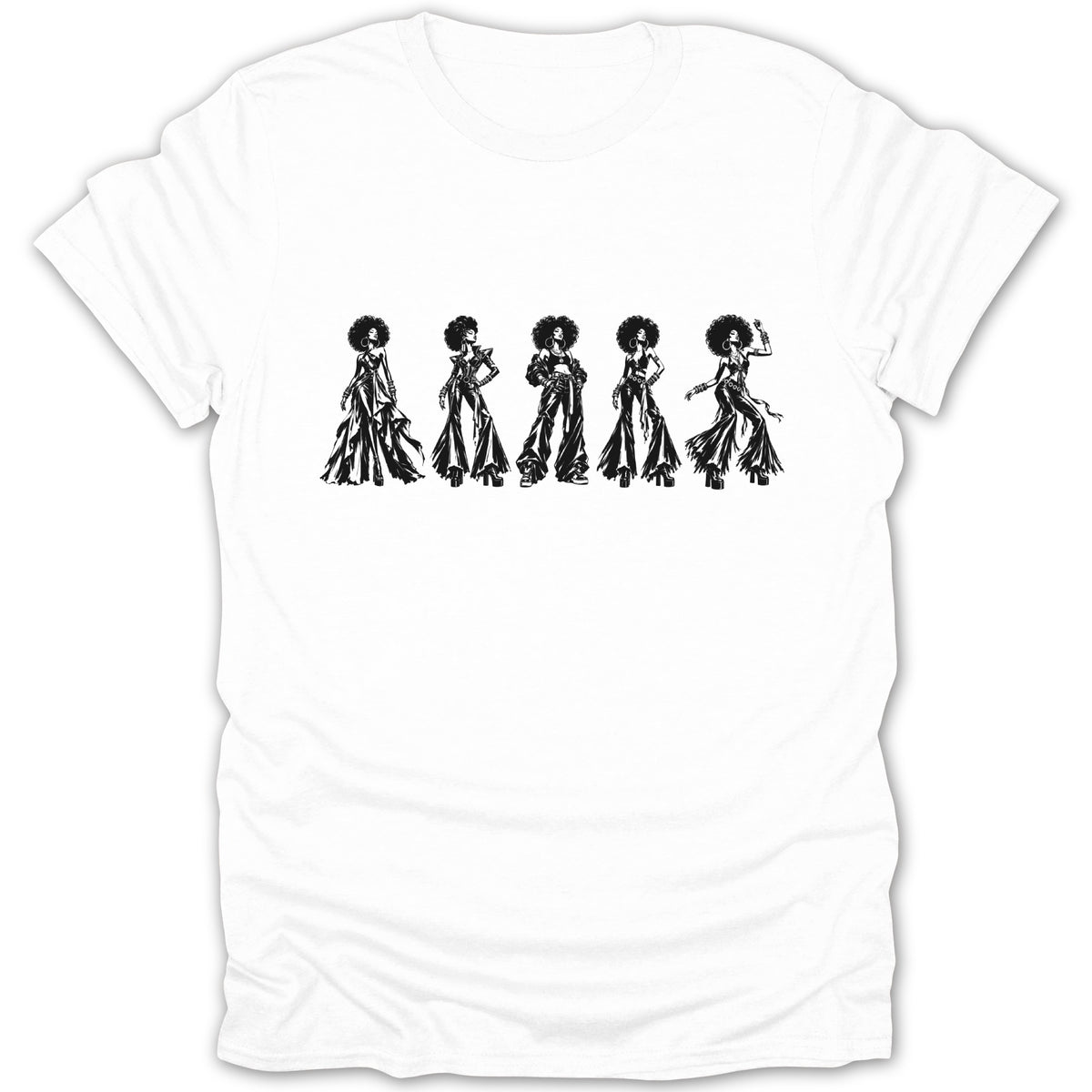 Black illustration of five women in 1970s fashion on a white t-shirt.