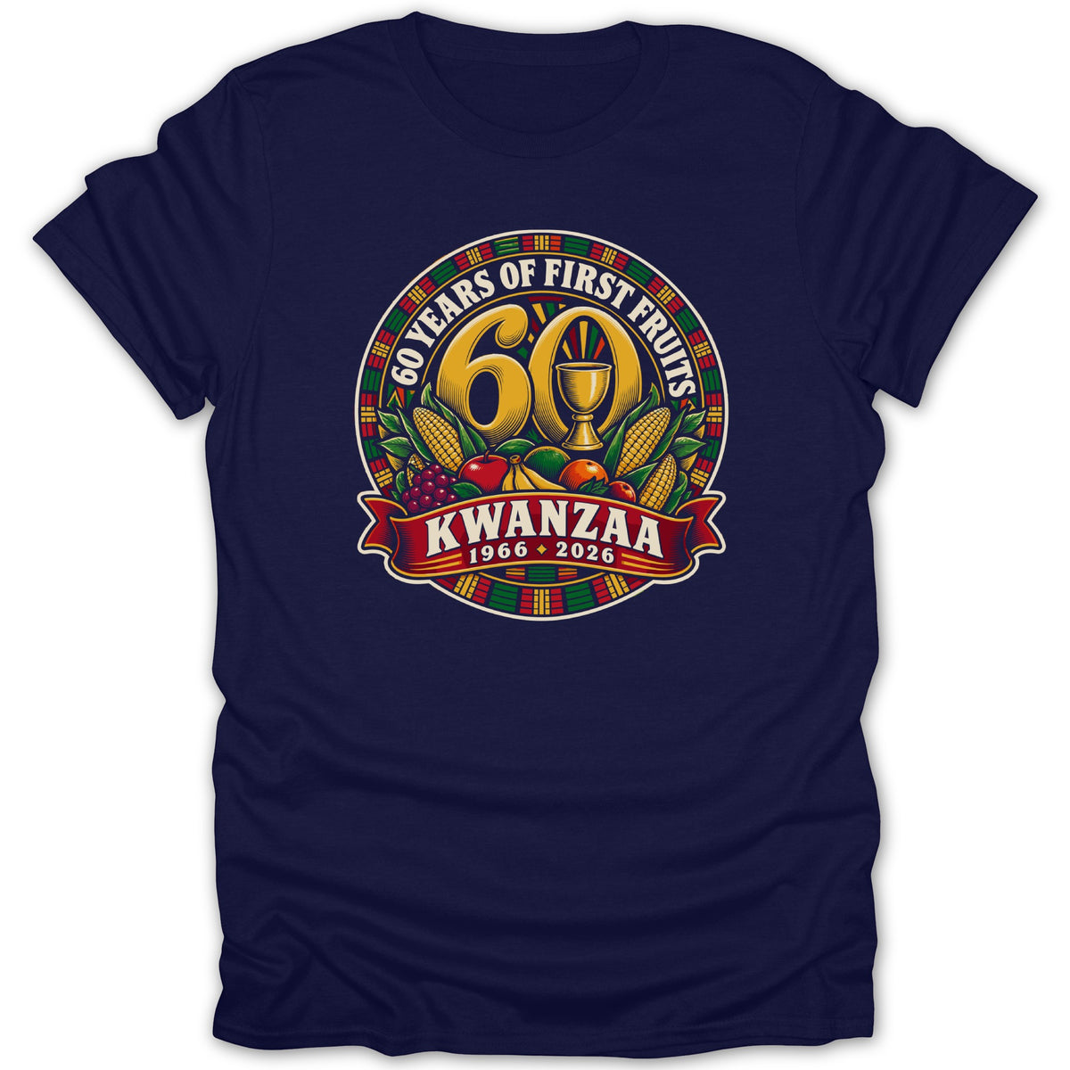 A dark blue t-shirt with a round graphic celebrating 60 years of Kwanzaa, featuring a chalice, harvest fruits, and the dates 1966 to 2026.
