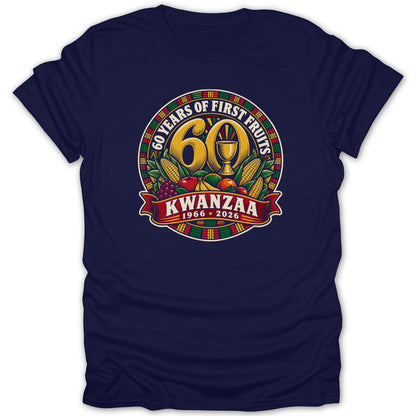 A dark blue t-shirt with a round graphic celebrating 60 years of Kwanzaa, featuring a chalice, harvest fruits, and the dates 1966 to 2026.