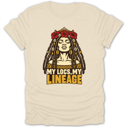 A beige t-shirt featuring a graphic of a Black woman with locs and red flowers, with text reading My Locs, My Lineage.