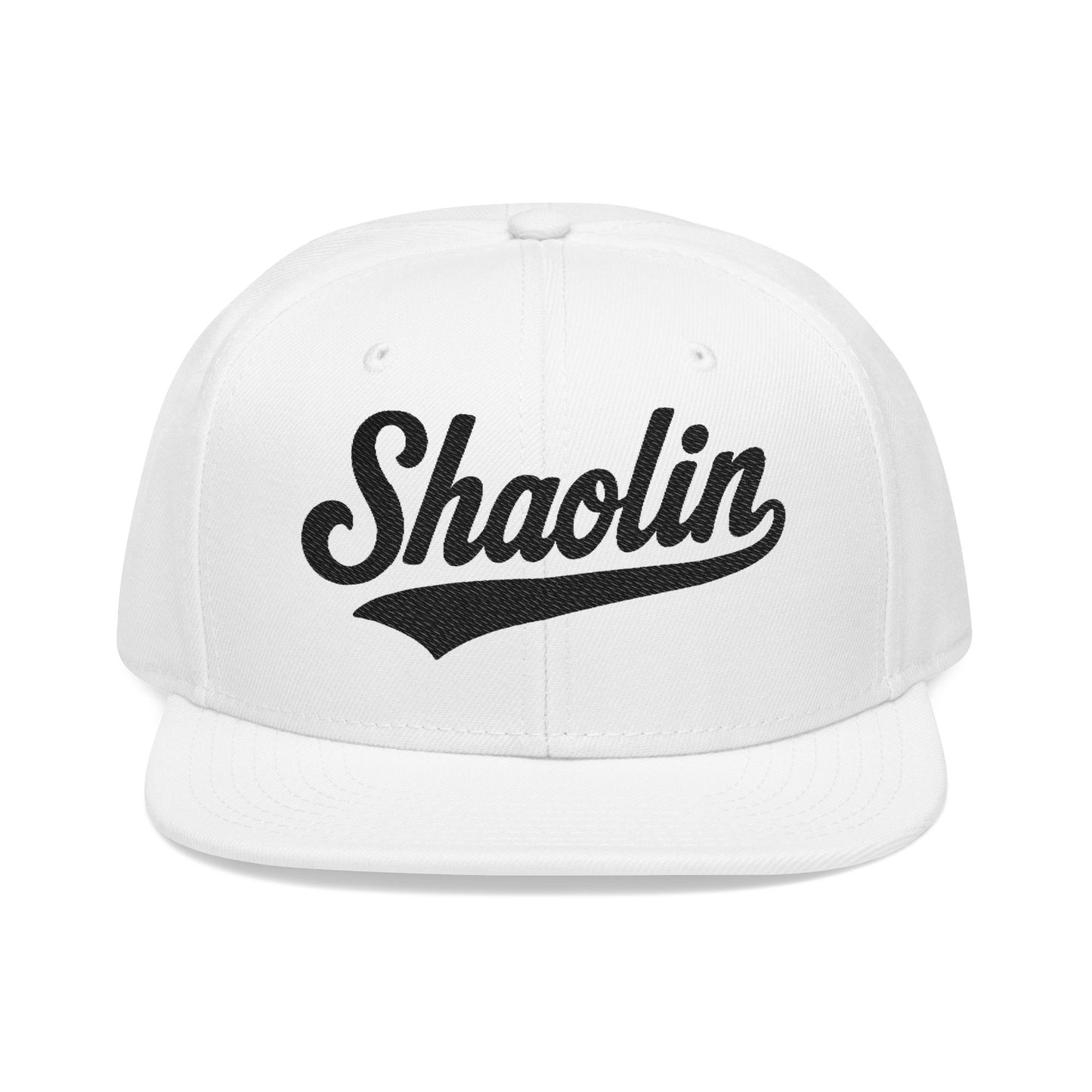 White snapback hat with "Shaolin" in black script lettering.