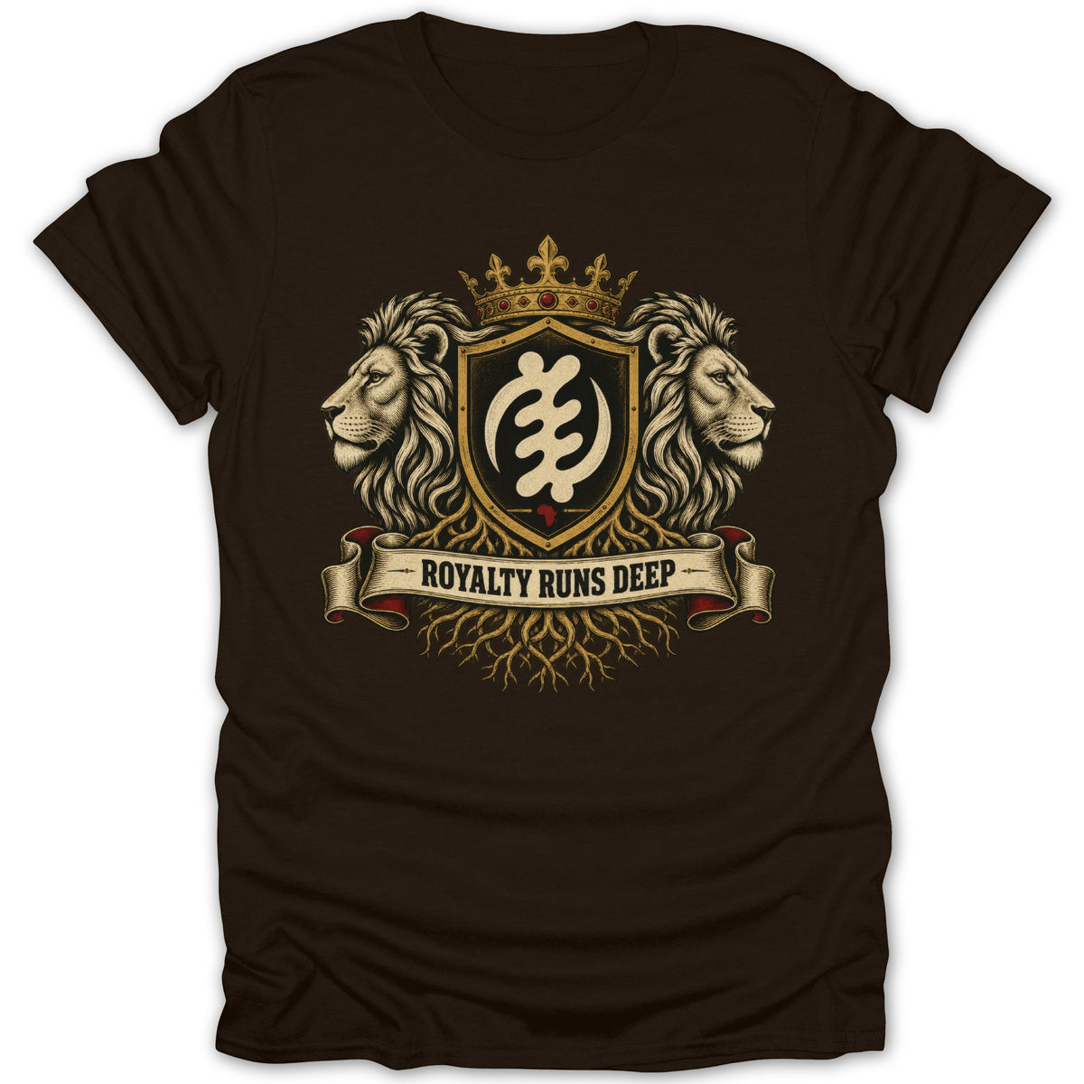 Brown t-shirt with a crest featuring lions, a crown, and the text "ROYALTY RUNS DEEP".