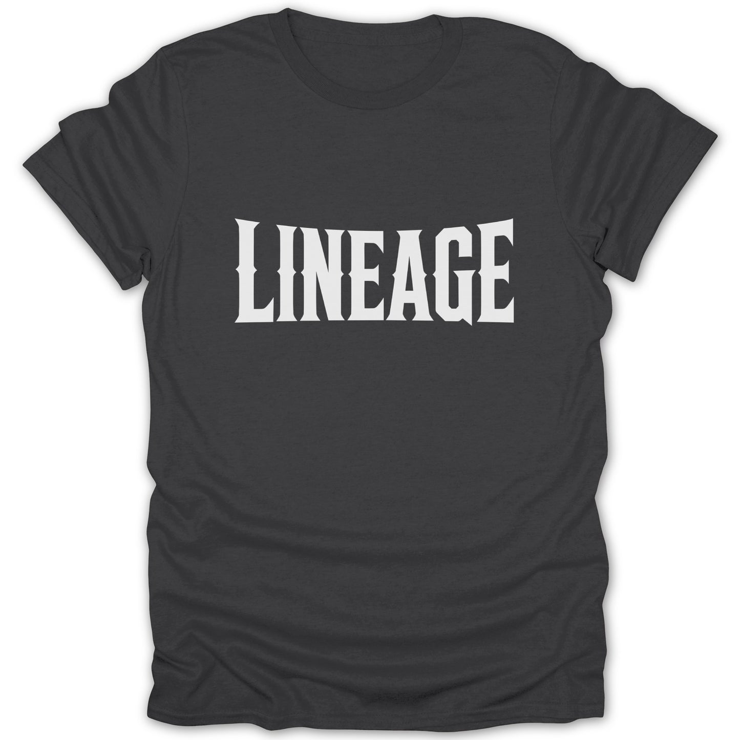 Dark grey t-shirt with the word "LINEAGE" in white distressed block letters.