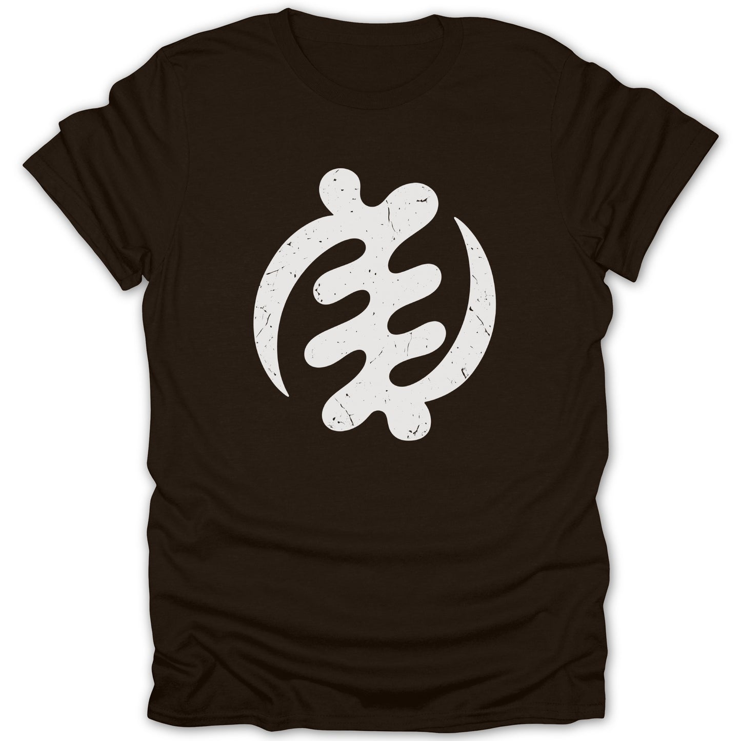 Brown t-shirt with a distressed white Sankofa symbol printed on the chest.