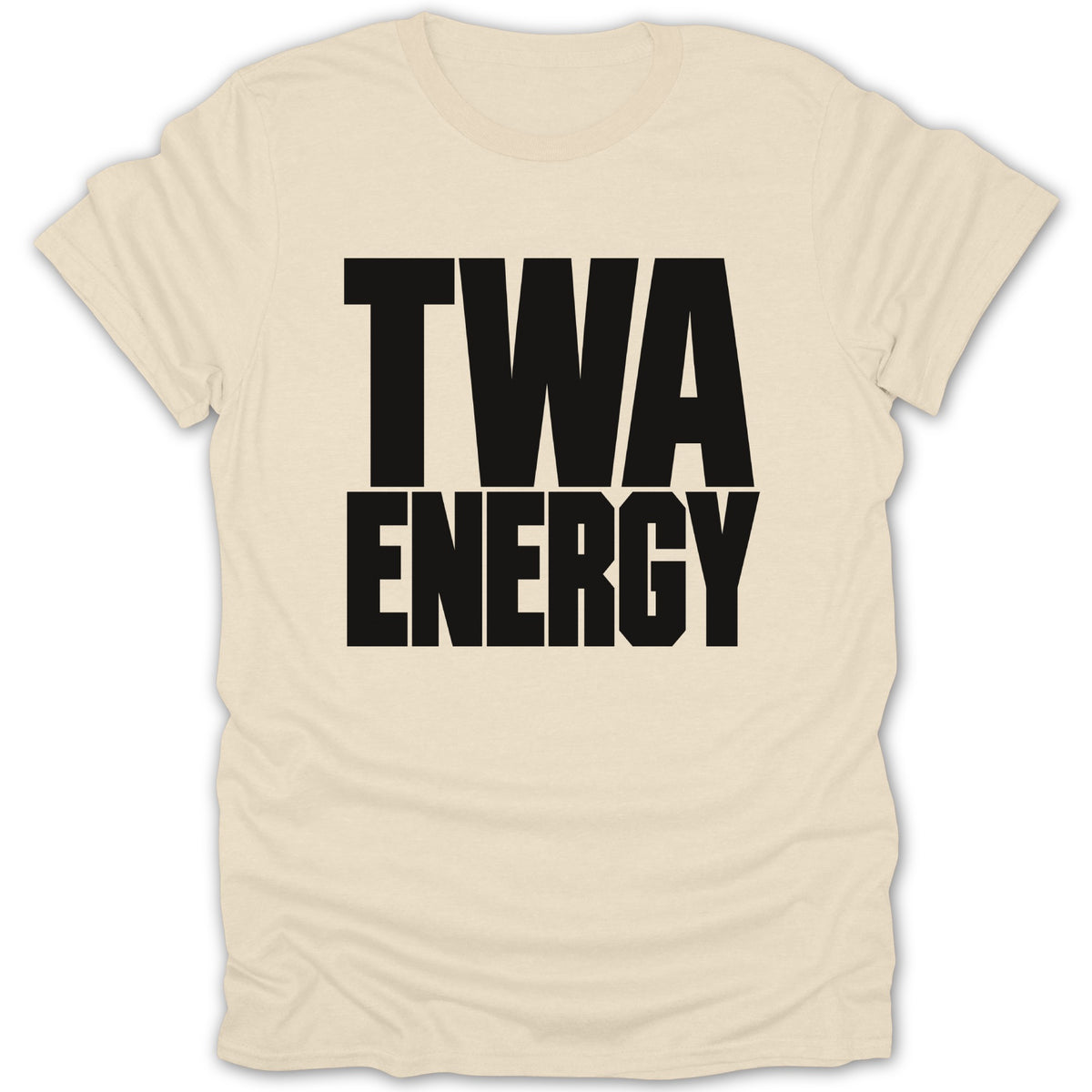 Cream t-shirt with black text "TWA ENERGY" centered on the chest.