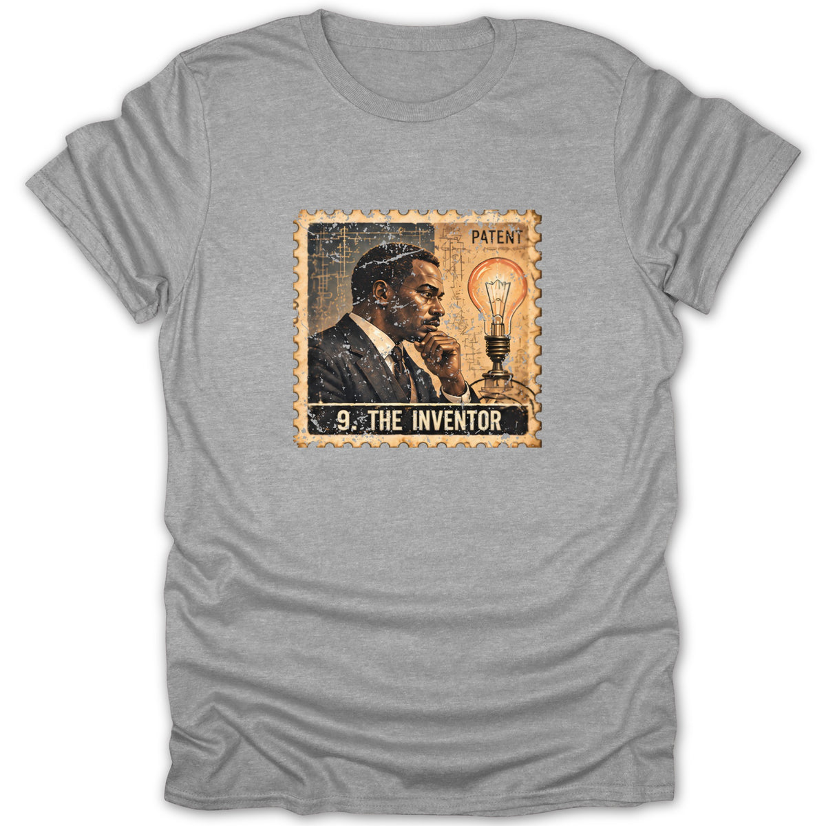 Heather gray t-shirt featuring a postage stamp graphic titled 9. The Inventor with a man and lightbulb.