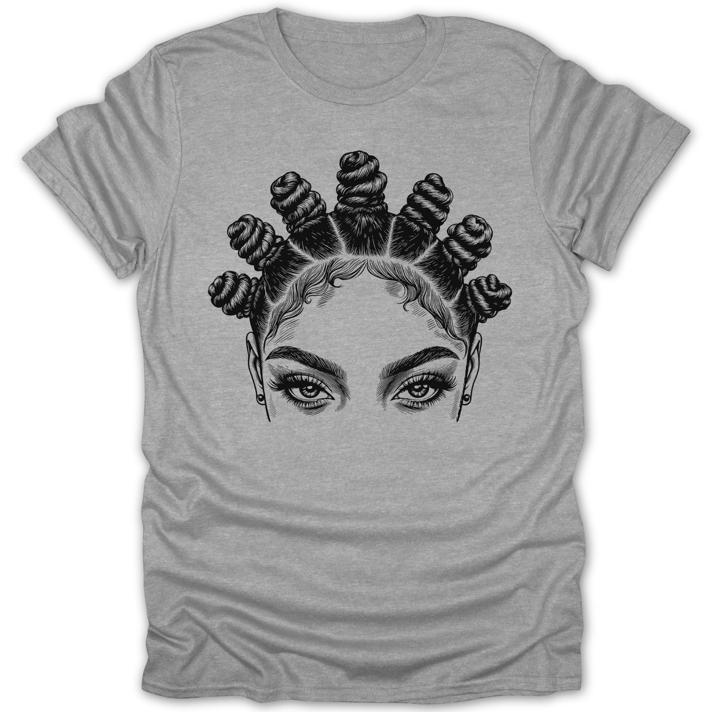 Grey t-shirt with a black line drawing of a woman's eyes and Bantu knots hairstyle.