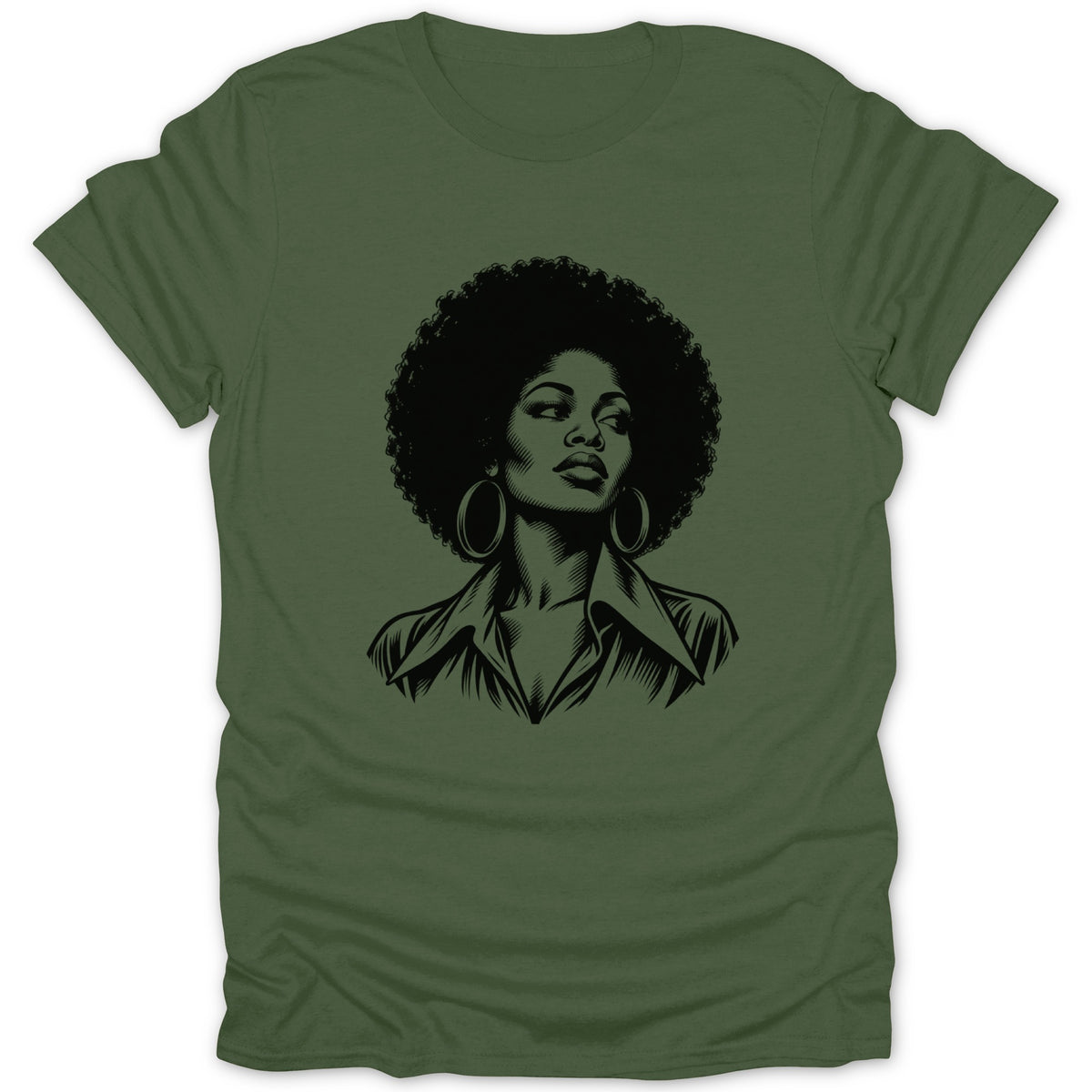 An olive green t-shirt featuring a black graphic illustration of a woman with an afro and hoop earrings.